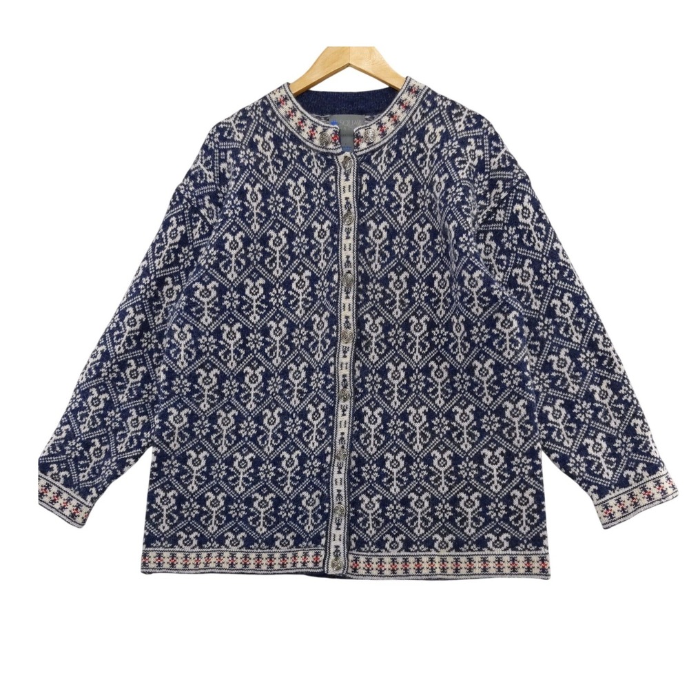 Vintage Squaw Valley Cardigan Sweater Sz L Blue Wool Nordic Fair Isle Unisex